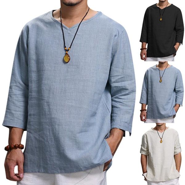 

men's casual shirts 3/4 sleeve loose chinese tradition style v-neck breathable cotton linen male, White;black