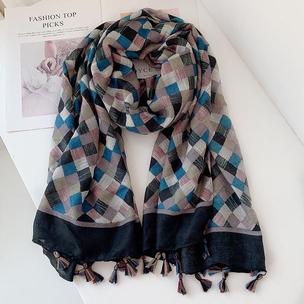 

hats, scarves & gloves sets 2021 women autumn viscose tassel shawl geometric plaid aztec style wrap thick snood foulard muslim hija, Blue;gray