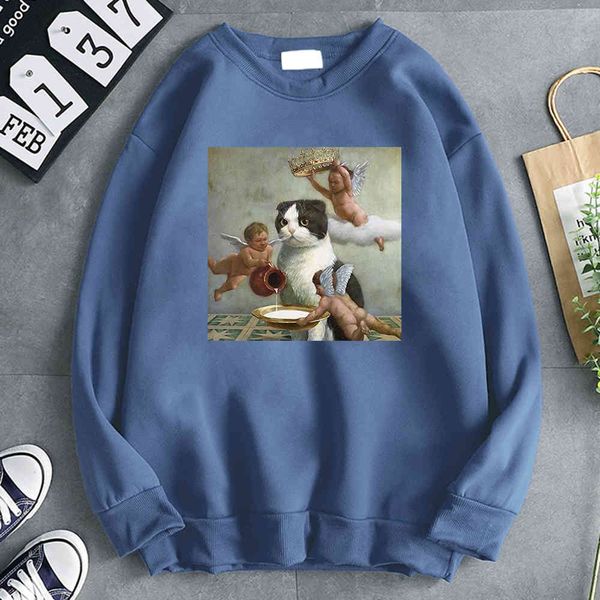 

men's hoodie, cat print, casual sweater, loose pocket, punk style, hip hop, street animation clothing, Black