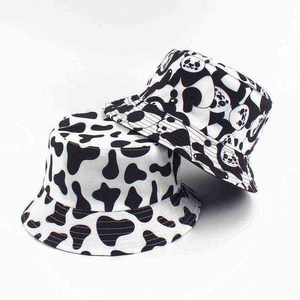 

stingy brim hats sun cute black white cow bucket for women zebra summer lady fishman girls travel panama print hat female 220329, Blue;gray
