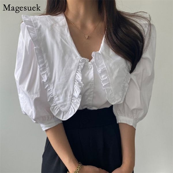 Koreanische Süße Peter Pan Kragen Spitze Rüschen Hemd Frauen Sommer Puff Halbe Hülse Weibliche Blusen Vintage Lose Damen Tops 14252 210512