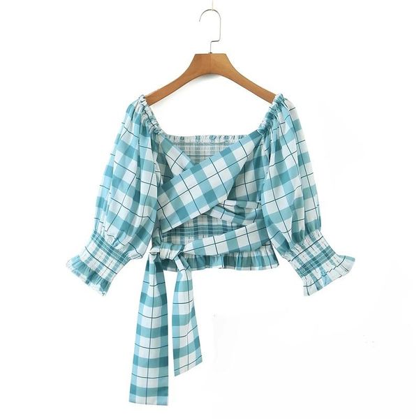 Camicette da donna Camicie PTYSIC Fashion Y2K Plaid Wrap Camicetta da donna Sweet Girls 2022 Primavera Estate Slash Neck Fascia elastica Top corto Chic