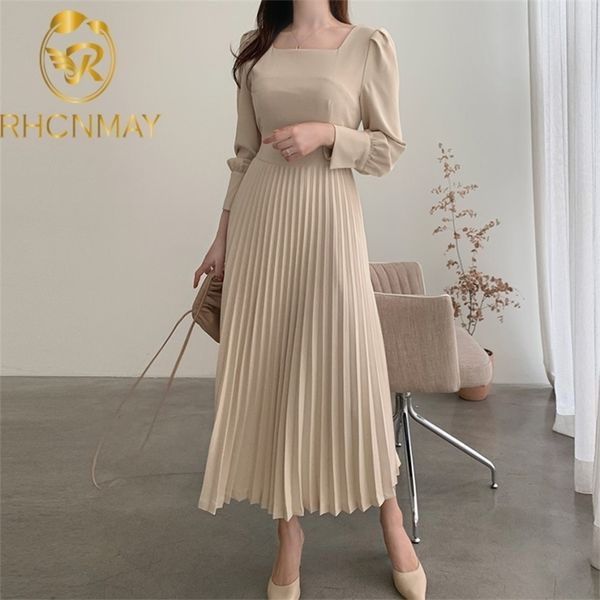 

autumn women korea chic pleated dress women's long sleeve casual solid temperament lady dresses vestidos 210520, Black;gray