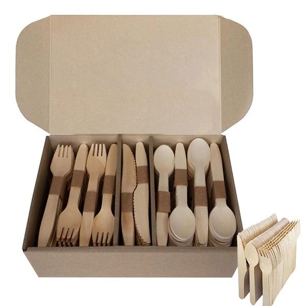 

disposable dinnerware 300pcs wooden cutlery set home party dessert spoons knives forks dining tableware-abux