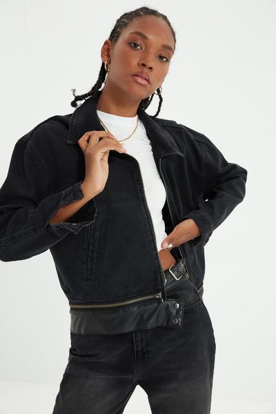 

women's jackets trendyol leather detail zipper bomber denim jacket twoaw22ce0157, Black;brown