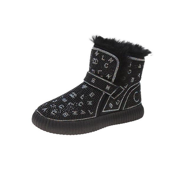 

boots short plush keep warm snow rhinestone round toe ankle winter low-heeled women shoes zapatillas mujer 2021, Black