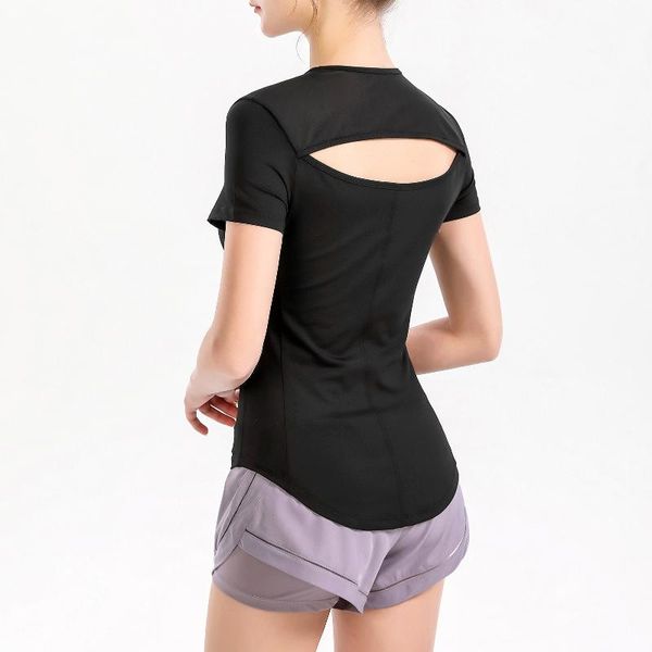 

yoga outfit women sports t-shirt mesh splicing back hollow out tight fitting short sleeves moisture-wicking athletic running shirt