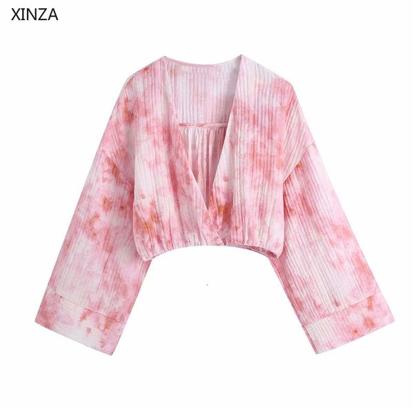 

women's knits & tees women vintage cropped tie dye blouse full long sleeve wrap v neck elastic summer feminine fashion pleat, White