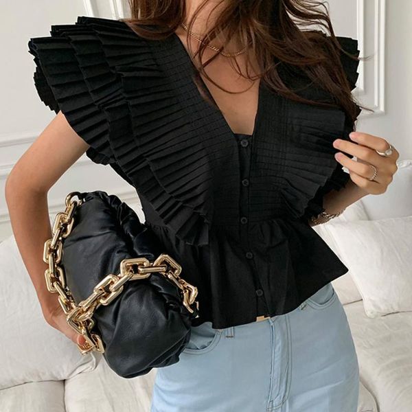 

women's blouses & shirts 2021 summer fashion temperament solid color v-neck ruffle blouse folds single-breasted japanese style simplici, White