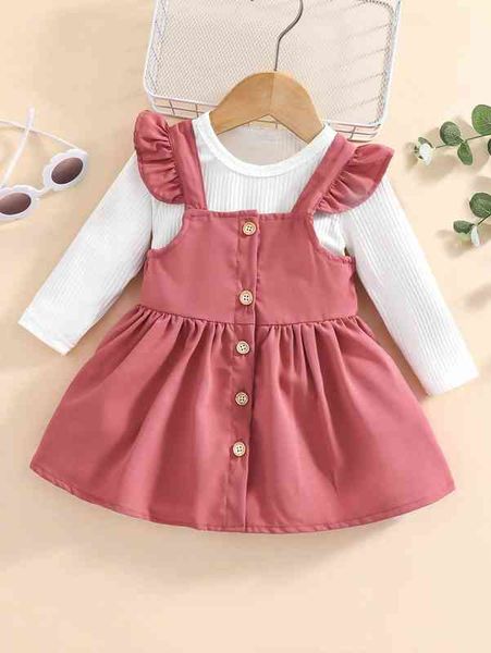 

baby tee & ruffle trim overall dress she, White