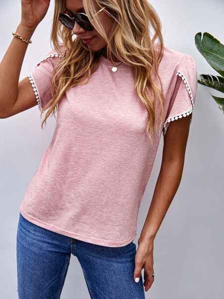 

lace trim petal sleeve tee w55k#, White