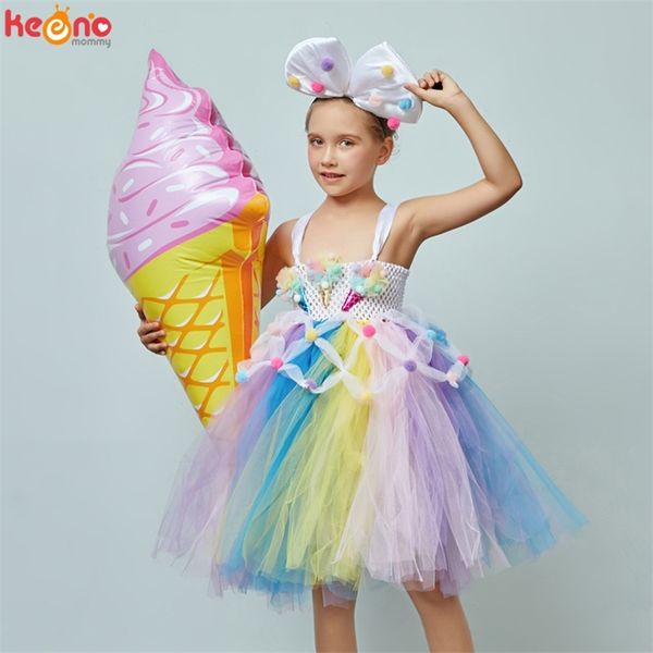 Candy Girls Kids Ice Cream Tutu Dress con fiocchi Torta di compleanno per bambini Smash Photo Food Costume Girls Dance Pageant Gown Dress 210331