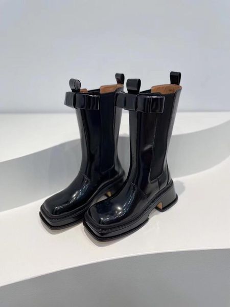 

boots 2021 summer women black patent leather bootssapatos femininos bowtie square toe shoes woman size 34-50