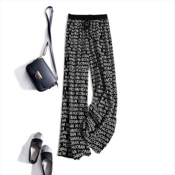 

thin draped straight leg womens pants letter printing wide summer style korean fashion high waist chiffon casual, Black;white