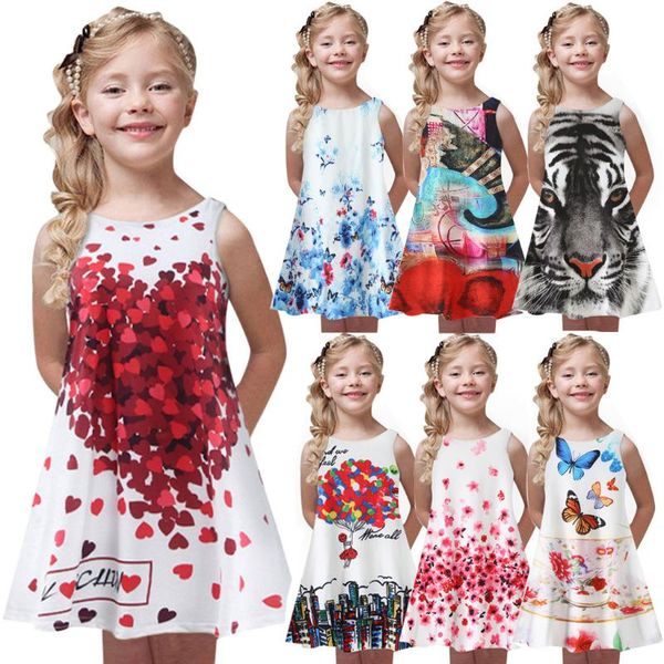 

girl's dresses toddler girls summer fashion princess dress kids baby printing party sleeveless casual kid girl children's clothing, Red;yellow