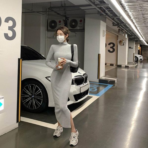 

casual dresses women's dress autumn and winter slim, hip figure high collar side slit south korea east gate, Black;gray