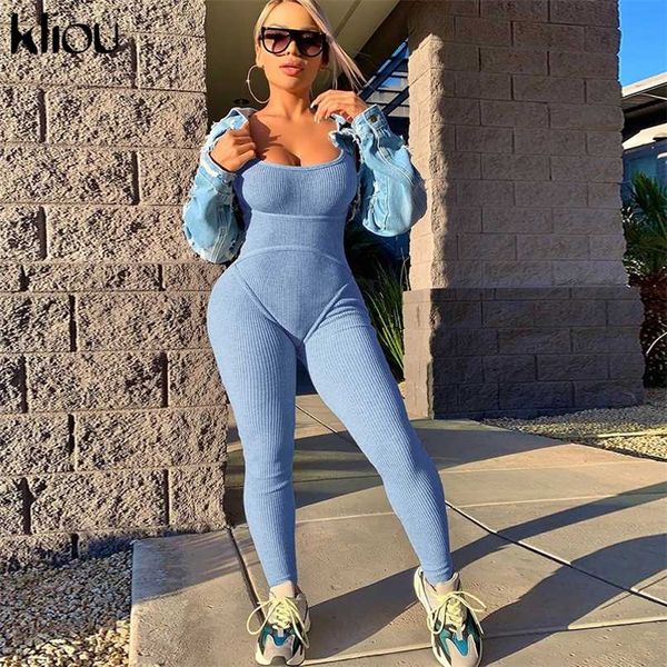 

kliou low-neck skinny jumpsuits women elastic hight fitness female sportswear sleeveless casual summer fashion streetwear 211119, Black;white