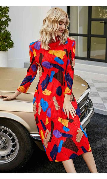 

dress miyake fold stand neck folded geometric print long sleeve a-line, Black;gray