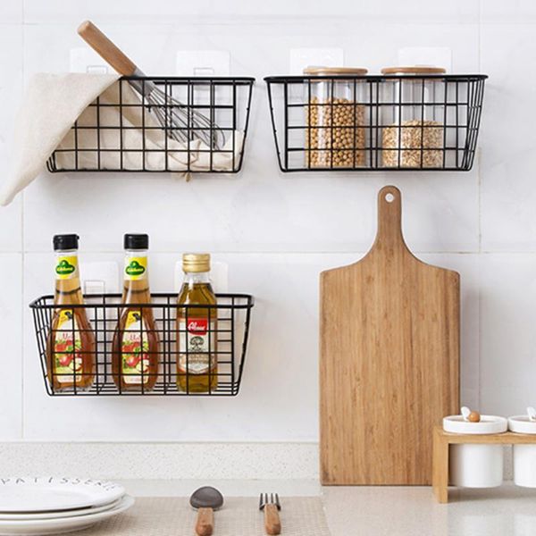 

storage baskets 1pcs wrought iron kitchen seasoning basket bathroom rectangular box wall hanging rack spice jar holder