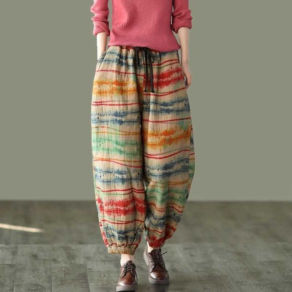 

women's jumpsuits & rompers spring arts style women elastic waist loose ankle-length pants vintage dyeing cotton linen harem femme v227, Black;white