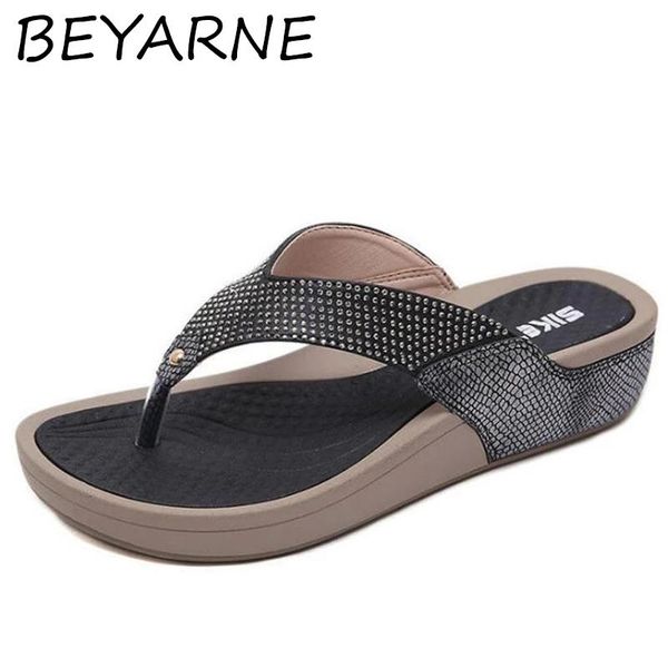 

slippers beyarne2021 women floral beaded sequin embellishment mesh flip flop sandal wedge platform shoes sandalia feminina, Black