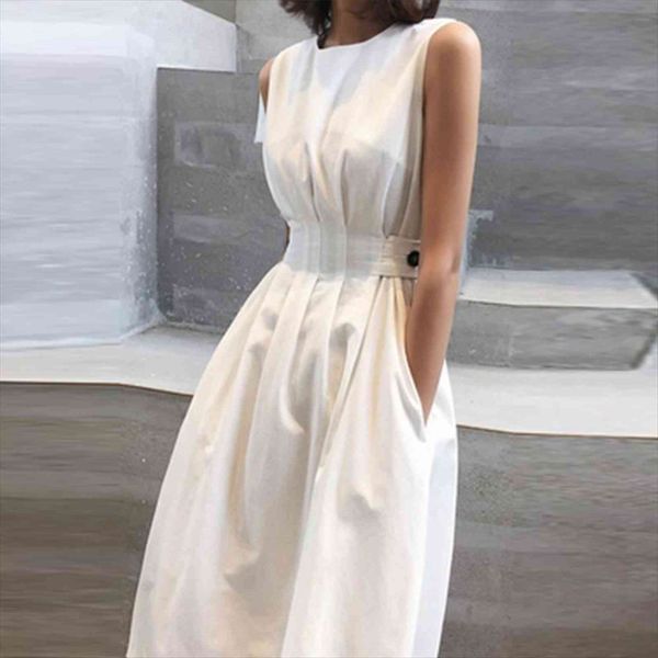 

white sleeveless high waist womens dresses elegant a line midi for office ladies summer solid pockets clothes female, Black;gray