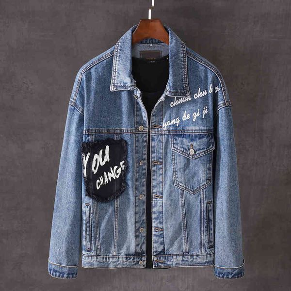 

jackets fashion streetwear jackets retro blue printed designer denim jacket men hip hop coats patches zipper biker chaqueta hombre, Black;brown