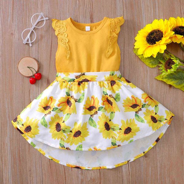 Mode Baby Kleid Set Sommer Kleinkind Mädchen Ärmellose Sonnenblumen Druck Spitze Fly Sleeve Prinzessin Kleid Baby Mädchen Kleidung Set q0716