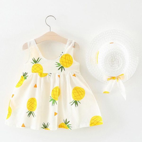 

clothing sets toddler baby kids girls sleeveless pineapple princess dresses bow hat outfits vestidos de fiesta nocherobe fille modis, White