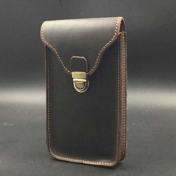 Bolsa de cintura de couro genuíno Homens Vintage Crazy Cavalo Cowhide Pequeno mini cinto cintura pacote cigarro caso bolso masculino isqueiro bolso 210708