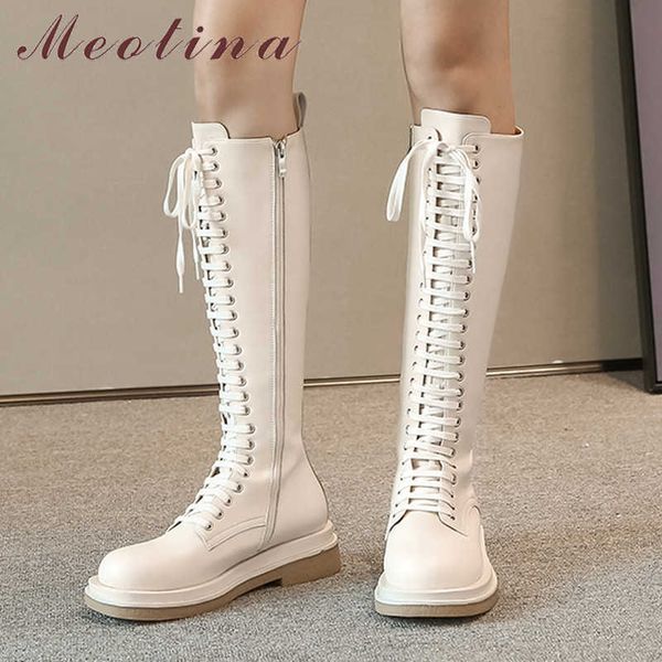 

meotina women knee high boots shoes genuine leather flats platform motorcycle boots zipper cross tied ladies long boots brown 210608, Black