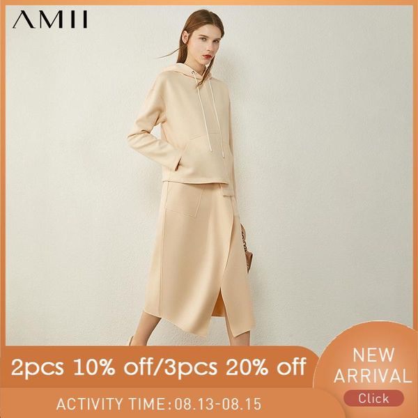 

women's tracksuits amii minimalism autumn causal women hoodies set solid hooded loose sweater irregular hem female skirt 12021233, Gray