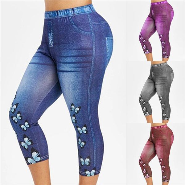 

women's leggings women mid-calf imitate jeans printed stretch sports pants fitness high waist ladies sweatpants trousers, Black