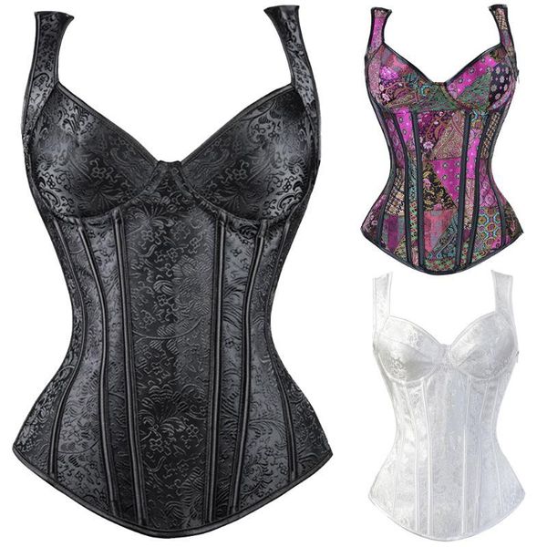 

bustiers & corsets women's black waist trainer steampunk and vest lace up boned push-up overbust slim brocade burlesque lingerie 71qg, Black;white
