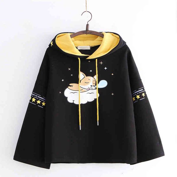 

winter women grey hoodies japanese harajuku cute warm fleece teen girl hooded sweatshirt kawaii anime dog graphic black pullover