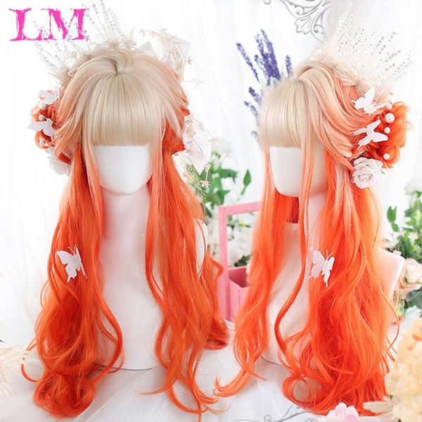 

long ombre colorful synthetic cosplay lolita harajuku wig with bangs natural wavy wigs pink purple blue daily, Black