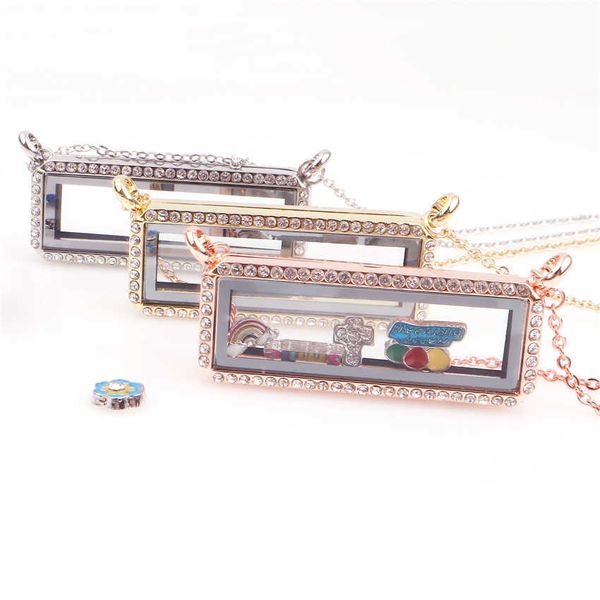 

new 10pcs/lot horizontal rec floating charm rhinestone locket magnetic living glass memory locket necklace christmas gifts x0707, Silver