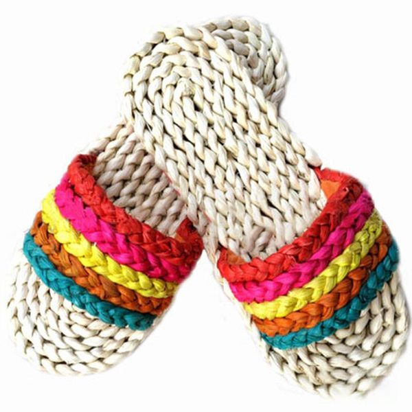 

slippers women's straw woven couple shoes ladies casual colorful female handmade chinese wind beach sandals woman summer, Black