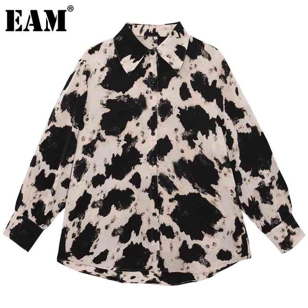 

[eam] women black print irregular big size blouse lapel long sleeve loose fit shirt fashion spring autumn 1dd6891 21512, White