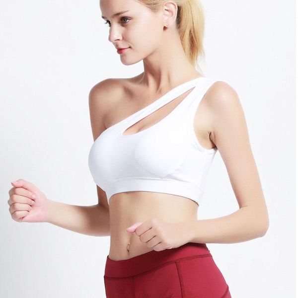 

one shoulder solid sports bra women fitness yoga bras gym padded sport athletic vest running push up brassieres clothing, White;black