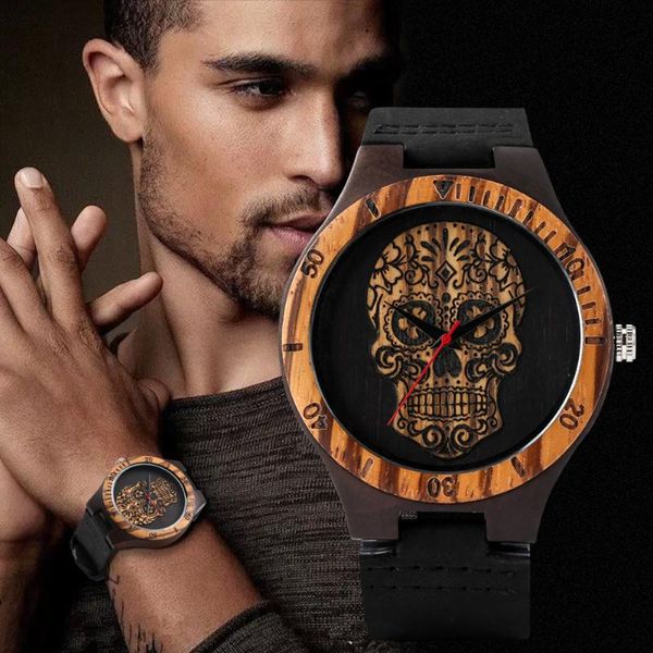 

wristwatches simple creative men round black leather band watch numerals dial quartz wooden pin buckle gifts, Slivery;brown