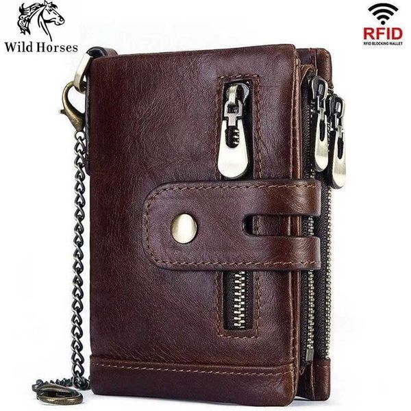 

rfid anti theft brush wallet vertical head layer oil wax cow leather multi function double zipper men's leather wallet, Black