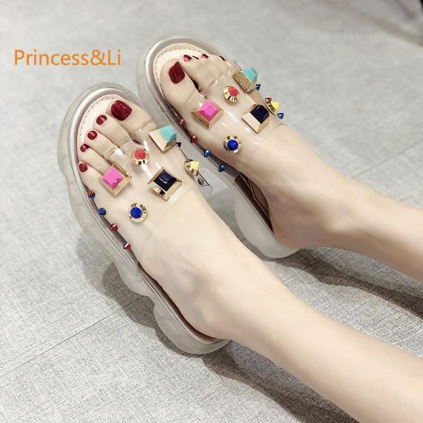 

slippers slipper women's 2021 summer fashion wear transparent color riveting nail jelly bottom beach shoes non-slip platform, Black