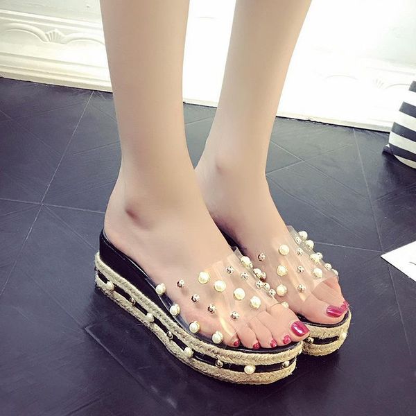 

slippers 2021 summer high-heeled pearl decorative waterproof platform fashion women's shoes, Black