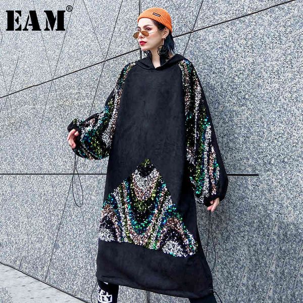 

casual dresses [eam] women suede sequins big size sweatshirt hooded long sleeve loose fit fashion tide spring autumn 19a-a843, Black;gray