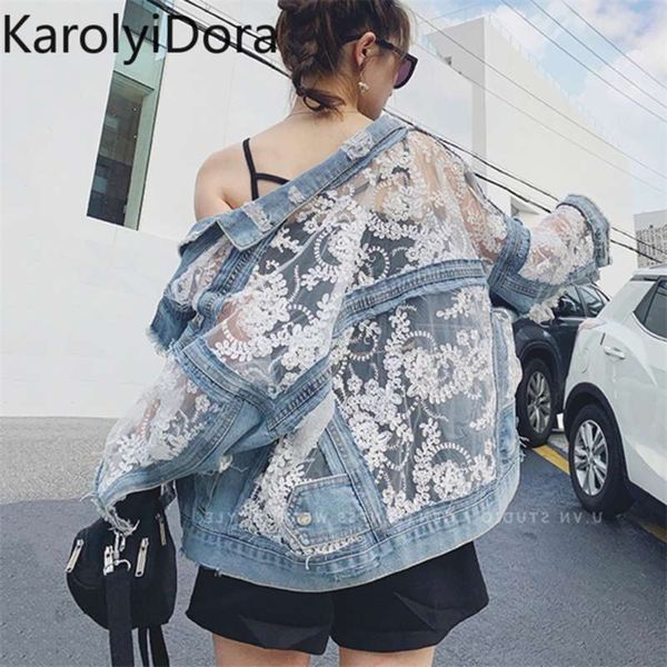Streetwear patchwork jean buraco jean jaqueta jaqueta casaco mulheres grandes dimensões de manga longa perspectiva flor bordado solto sobretudo 210928