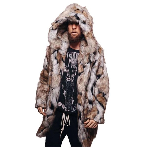 

leopard print trendy warm men's fur coat hooded cardigan mixed leather jacket winter thick, Black