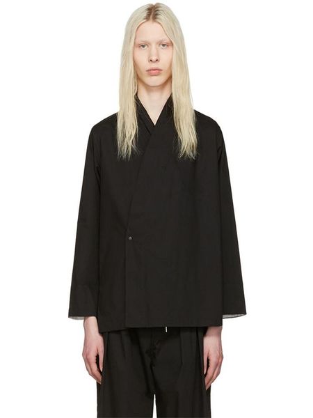 

men's casual shirts spring and autumn short style fashion chinese v-neck kimono lapel solid color long sleeve shirt, White;black