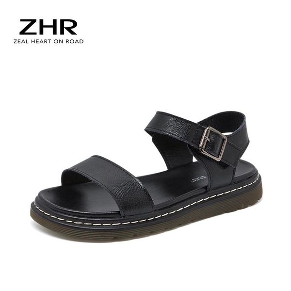

sandals summer women classics solid color gladiator flat shoes fashion soft leather adjustable buckle strap casual flip flops, Black