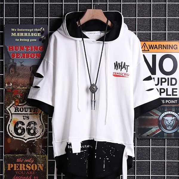 

summer super fire ribbon hooded short sleeve hip hop fashion t-shirt men's fake two-piece street bf loose five, White;black